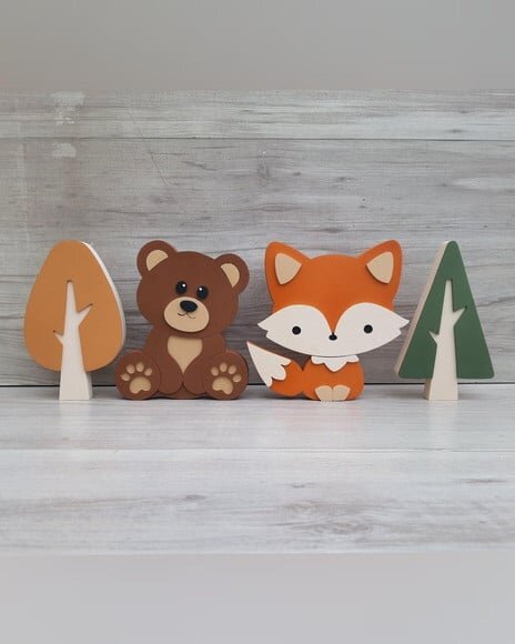Kit Ursinho, Raposa e Árvores - 15 cm - mdf