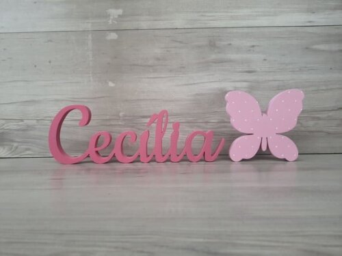 Nome de Mesa em mdf - Linha Ck - Cecília 10 cm + Borboleta