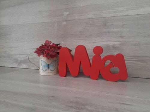 Nome de Mesa em mdf - Mod Pk Vazado Cereja - Mia - 13 cm