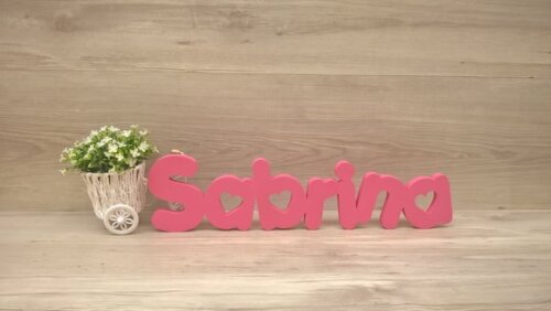 Nome de Mesa em mdf - Mod Pk Vazado Coração - Sabrina 13 cm