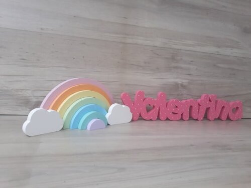 Nome de Mesa em mdf - Valentina 10 cm + Arco Íris + Nuvens