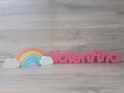 Nome de Mesa em mdf - Valentina 10 cm + Arco Íris + Nuvens