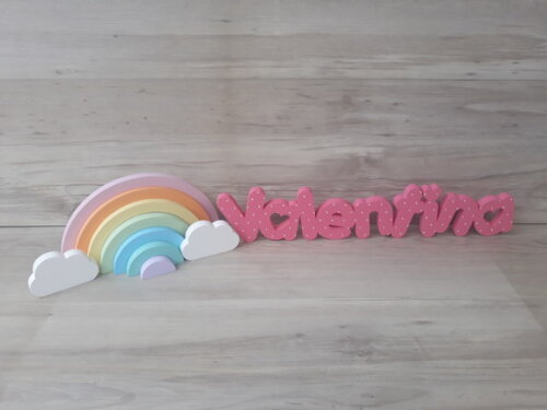 Nome de Mesa em mdf - Valentina 10 cm + Arco Íris + Nuvens