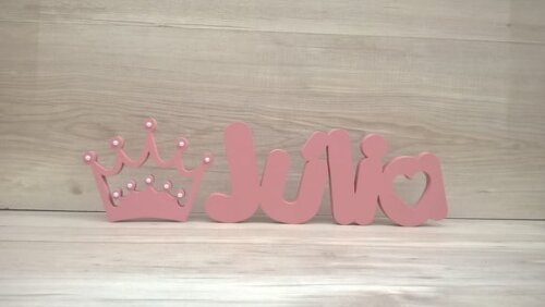 Nome de mesa em MDF Mod PK Coração + Coroa - Júlia 16 cm