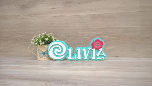 Nome em MDF - Peça de mesa Tema MOANA - Olivia 12 cm