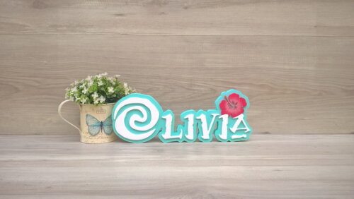 Nome em MDF - Peça de mesa Tema MOANA - Olivia 12 cm