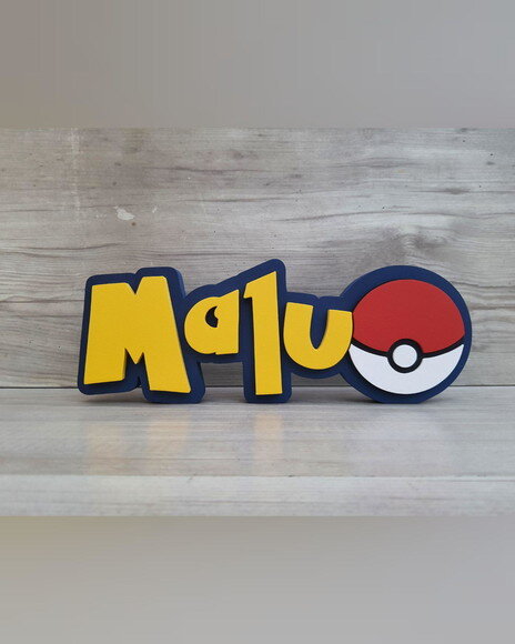 Nome em mdf - Peça de Mesa Tema Pokemon - Malu - 10 cm