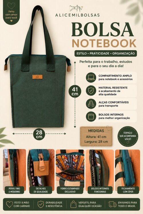 Bolsa Pasta Feminina Notebook Alicemilbolsas