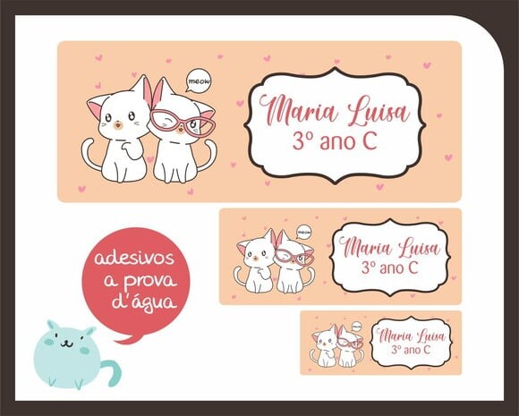 Adesivo Escolar Gatos Cute - Prova D'água - 100unid