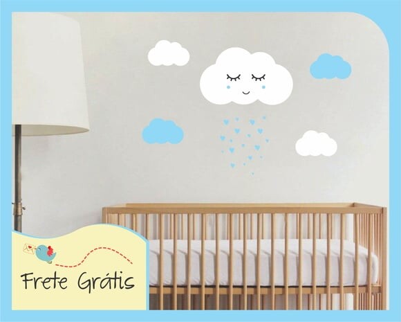 Adesivo Nuvem com Carinha - Branco e Azul Bebê