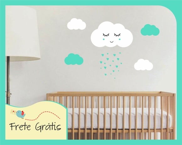 Adesivo Nuvem com Carinha - Branco e Verde Água