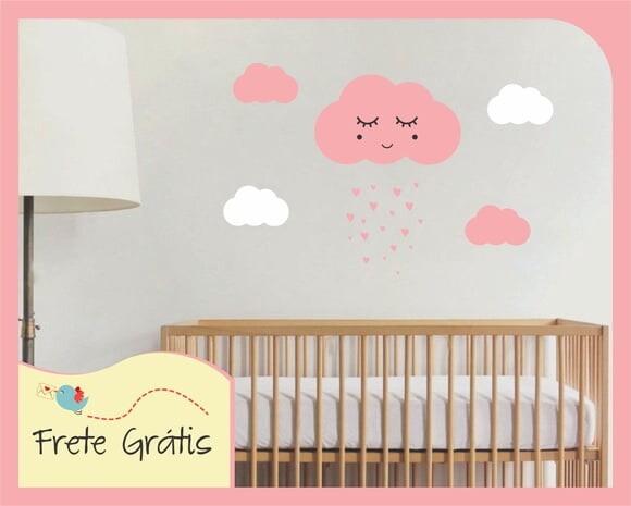 Adesivo Nuvem com Carinha - Rosa e Branco