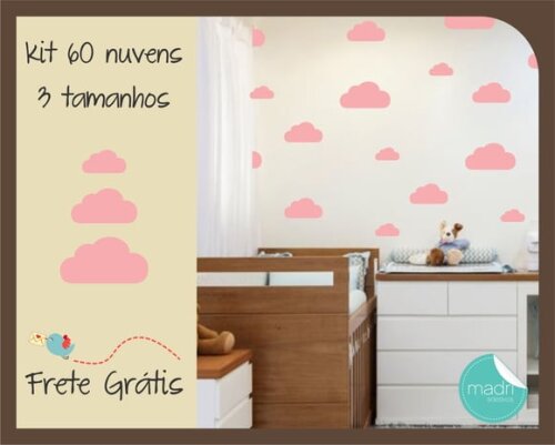 Adesivo de Nuvens - 3 Tamanhos - 60 Unidades - Rosa
