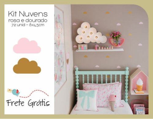 Adesivo de Nuvens Tom Pastel - Rosa e Dourado - 72unid