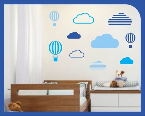 Adesivo de Parede - Balão e Nuvem - Azul Bebê e Marinho