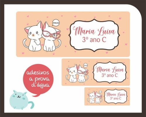 Adesivo Escolar Gatos Cute - Prova D'água - 100unid