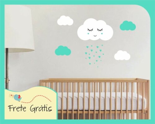 Adesivo Nuvem com Carinha - Branco e Verde Água
