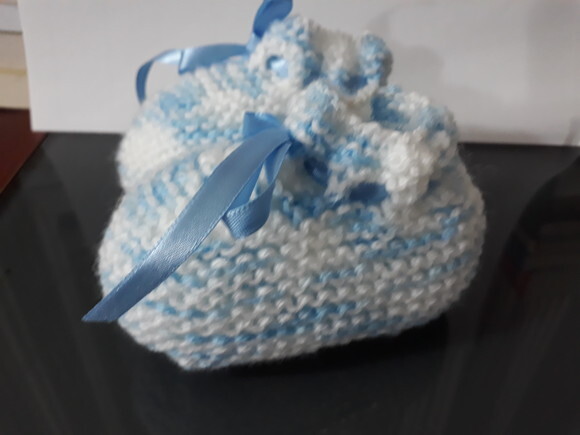 Sapatinho Tricô Lã Matiz Azul e Branco