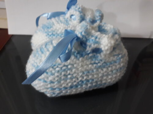 Sapatinho Tricô Lã Matiz Azul e Branco