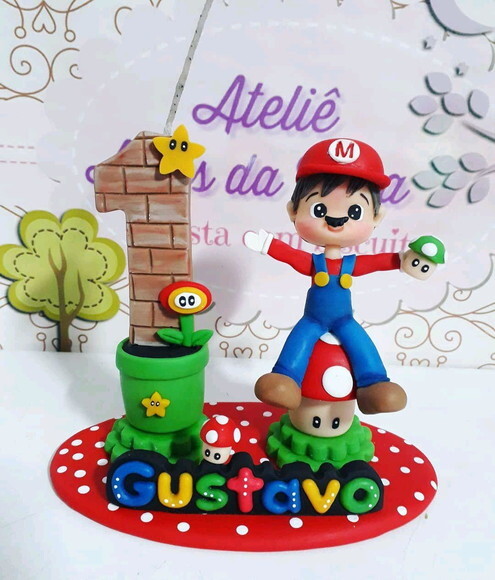 Topo de bolo em biscuit Mario