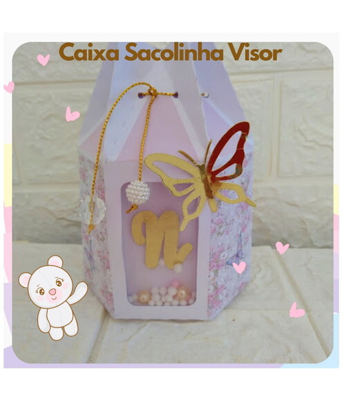 Caixa Sacolinha Visor Borboleta Sextavada Lembrancinha