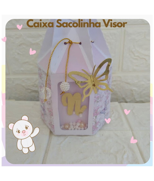 Caixa Sacolinha Visor Borboleta Sextavada Lembrancinha