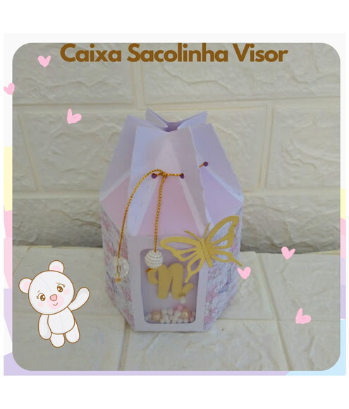 Caixa Sacolinha Visor Borboleta Sextavada Lembrancinha