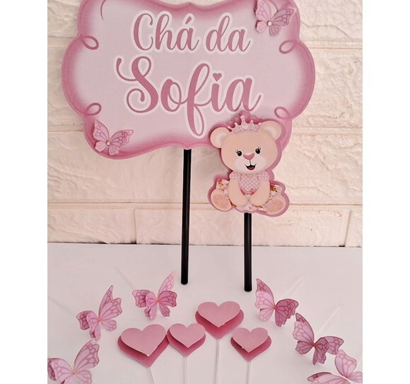Topo de Bolo Chá de Bebê Menina Chá Fralda Mesversário Festa