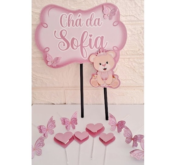 Topo de Bolo Chá de Bebê Menina Chá Fralda Mesversário Festa