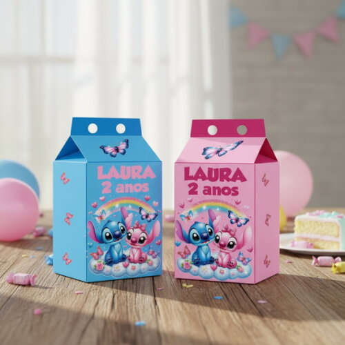 15 Caixas Milk Personalizadas Stitch e Angel Lembrancinhas