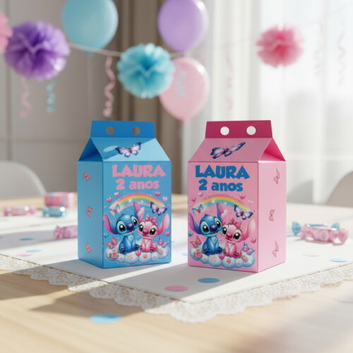 15 Caixas Milk Personalizadas Stitch e Angel Lembrancinhas