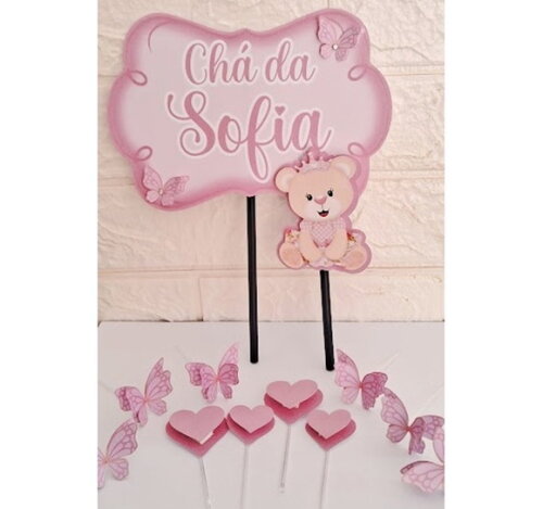 Topo de Bolo Chá de Bebê Menina Chá Fralda Mesversário Festa