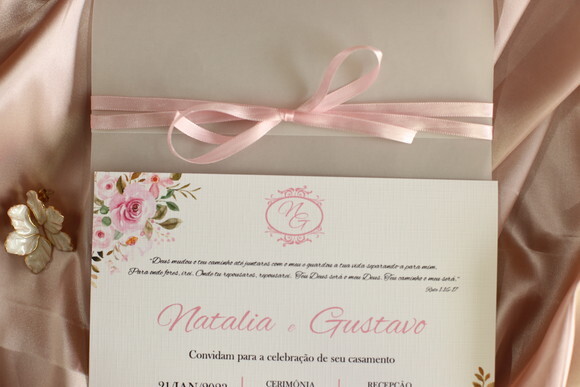 Convite de Casamento Papel Vegetal e Laço Duplo