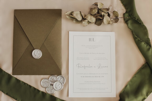 Convite de Casamento, Envelope de Bico Vertical e Lacre Cera