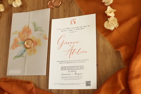 Convite de Casamento Terracota, Papel Vegetal, Lacre Cera
