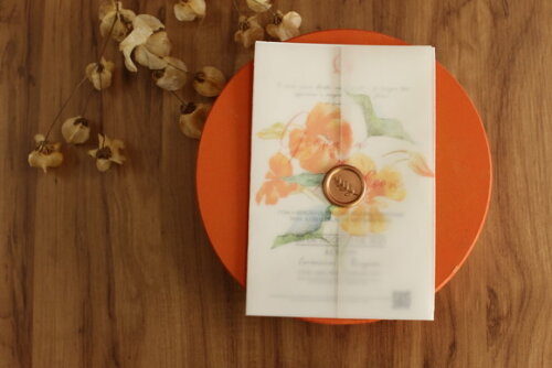 Convite de Casamento Terracota, Papel Vegetal, Lacre Cera