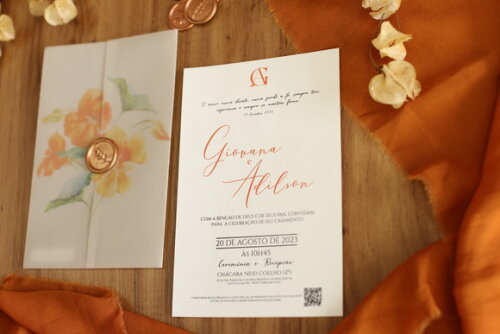 Convite de Casamento Terracota, Papel Vegetal, Lacre Cera