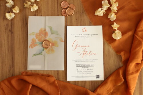 Convite de Casamento Terracota, Papel Vegetal, Lacre Cera