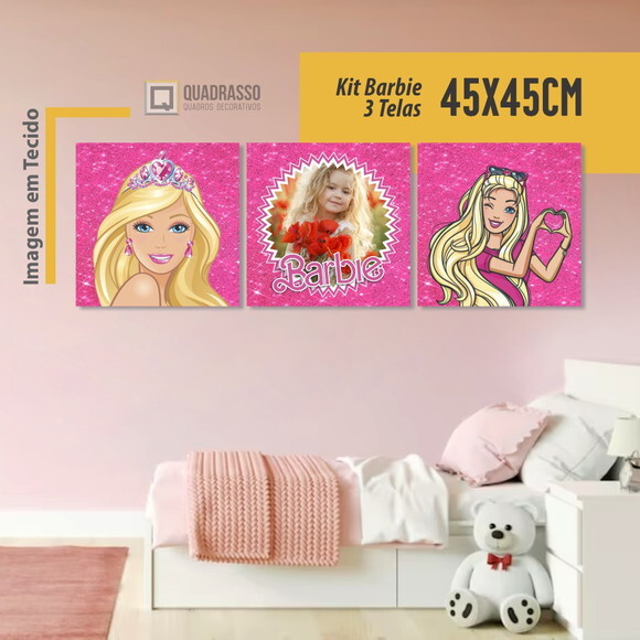 Barbie Kit Quadro Decorativo Personalizado em Tecido 45x45cm
