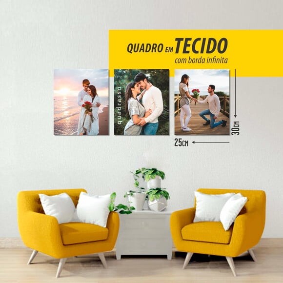 Kit 3 Quadros 30x25 Sua Foto em Tecido Personalizado