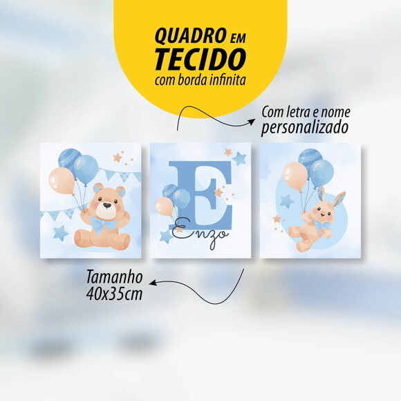 Kit 3 Quadros 40x35cm Ursinho e Coelho com Nome