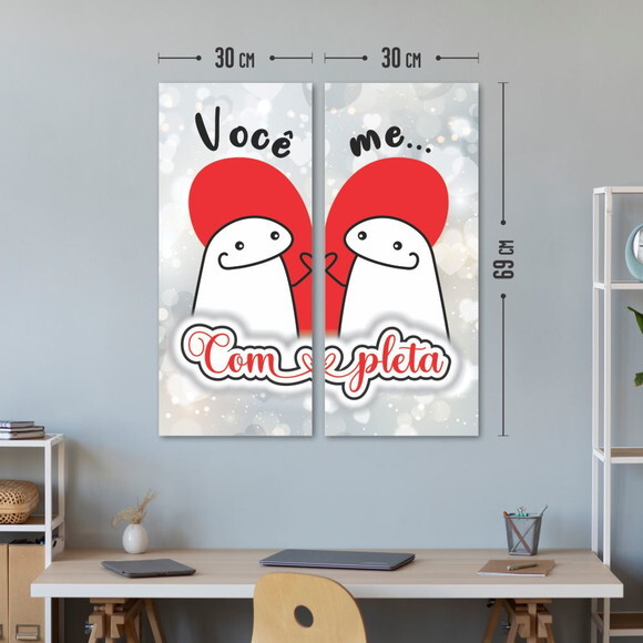Quadro Decorativo 2 Telas 69x30cm Você Me Completa em Tecido