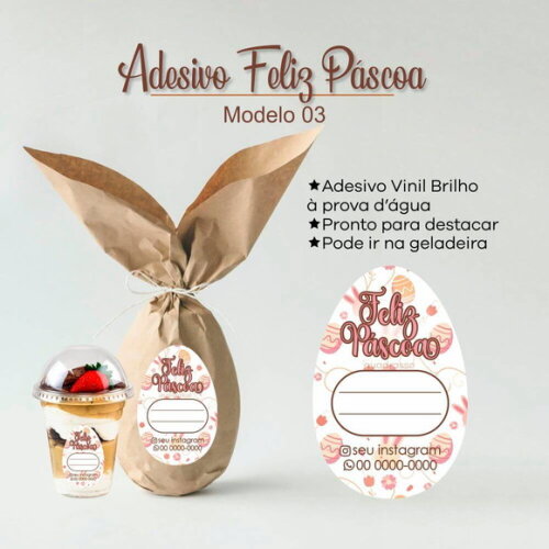 Adesivo Vinil 200un. Feliz Páscoa 5x7cm - Personalizado