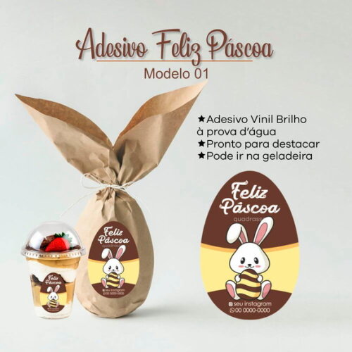 Adesivo Vinil 200un. Feliz Páscoa 5x7cm - Personalizado