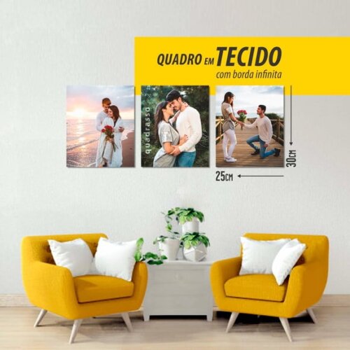 Kit 3 Quadros 30x25 Sua Foto em Tecido Personalizado