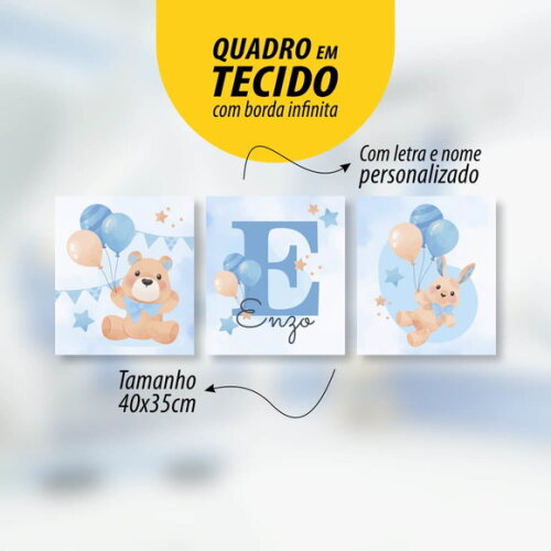 Kit 3 Quadros 40x35cm Ursinho e Coelho com Nome