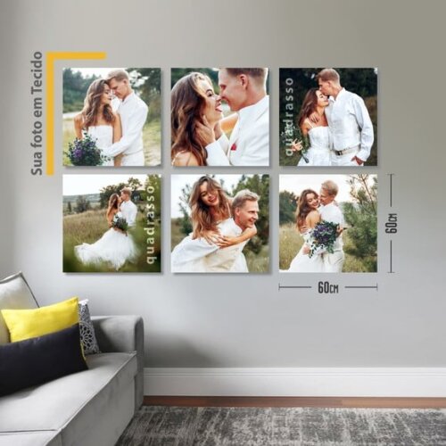 Kit 6 Quadros Decorativo com Foto em Tecido 60x60cm