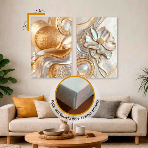 Quadro Decorativo Abstrato com Flor Dourado e Prata 70x50cm