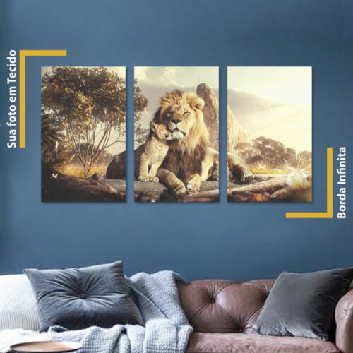 Quadro Decorativo Leão 124x60cm Imagem em Tecido
