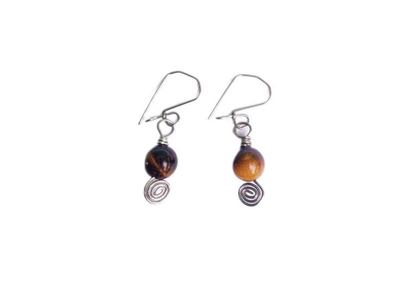 Brincos de Olho de Tigre Esfera, Artesanal, Aço Inox